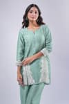 Samyukta Singhania_Green Cotton, Silk Embroidery Round Neck Floral Paisley Kurta And Pant Set_at_Aza_Fashions