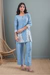 Buy_Samyukta Singhania_Blue Cotton, Silk Embroidery Round Neck Floral Paisley Kurta And Pant Set_at_Aza_Fashions