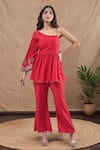 Buy_Samyukta Singhania_Red Cotton Silk Embroidered Floral Asymmetric Peplum Tunic And Pant Set _at_Aza_Fashions