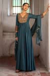 Buy_Enamour By Radha_Blue Muslin Silk Embroidery Resham V Neck Bloom Anarkali Set With Dupatta _at_Aza_Fashions
