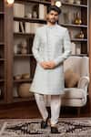 Buy_Arihant Rai Sinha_Sky Blue Jacquard, Silk Embroidery Scallop Floral Jaal Sherwani And Aligadhi Pant _at_Aza_Fashions
