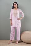 Buy_Samyukta Singhania_Pink Cotton, Silk Embroidery Round Neck Floral Dori Kurta And Pant Set_at_Aza_Fashions