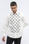 Abraham And Thakore_White Cotton Embroidery Trellis Block Print Designer Shirt _at_Aza_Fashions