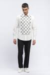 Buy_Abraham And Thakore_White Cotton Embroidery Trellis Block Print Designer Shirt _at_Aza_Fashions