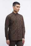 Shop_Abraham And Thakore_Brown Pure Cotton Trellis Pattern Block Print Shirt _Online_at_Aza_Fashions