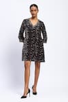 Abraham And Thakore_Black Velvet Geometric, Sequins V Neck Rabari Print Dress _Online_at_Aza_Fashions