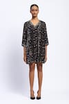 Buy_Abraham And Thakore_Black Velvet Geometric, Sequins V Neck Rabari Print Dress _Online_at_Aza_Fashions