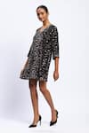 Abraham And Thakore_Black Velvet Geometric, Sequins V Neck Rabari Print Dress _at_Aza_Fashions