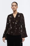 Abraham And Thakore Brown Velvet Sequin, Shells, Beads, Buttons V Neck Scattered Embroidered Jacket at Aza Fashions Abraham And Thakore_Brown Velvet Sequin, Shells, Beads, Buttons V Neck Scattered Embroidered Jacket _at_Aza_Fashions