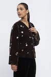 Buy Abraham And Thakore Brown Velvet Sequin, Shells, Beads, Buttons V Neck Scattered Embroidered Jacket Buy_Abraham And Thakore_Brown Velvet Sequin, Shells, Beads, Buttons V Neck Scattered Embroidered Jacket