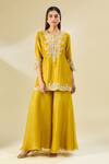 Shop Prisho Yellow Cotton, Georgette Embroidery Round Neck Floral Scallop Hem Kurta Set Online at Aza Fashions Shop_Prisho_Yellow Cotton, Georgette Embroidery Round Neck Floral Scallop Hem Kurta Set _Online_at_Aza_Fashions