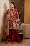 Sheetal Batra Red Gharara Georgette, Kurta And Dupatta Raw Silk Geometric Embroidered Set Online at Aza Fashions Sheetal Batra_Red Gharara Georgette, Kurta And Dupatta Raw Silk Geometric Embroidered Set _Online_at_Aza_Fashions