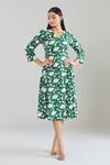 Samyukta Singhania_Green Cotton V-neck Floral Hand Block Printed Midi Dress_Online_at_Aza_Fashions