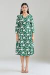 Shop_Samyukta Singhania_Green Cotton V-neck Floral Hand Block Printed Midi Dress_Online_at_Aza_Fashions