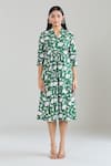 Samyukta Singhania_Green Cotton V-neck Floral Hand Block Printed Midi Dress _Online_at_Aza_Fashions