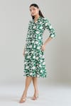 Buy_Samyukta Singhania_Green Cotton V-neck Floral Hand Block Printed Midi Dress _Online_at_Aza_Fashions