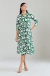 Shop_Samyukta Singhania_Green Cotton V-neck Floral Hand Block Printed Midi Dress _Online_at_Aza_Fashions
