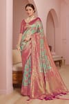 Buy_Naintara Bajaj_Pink Brocade, Silk Embroidery V-neck Mughal Woven Saree And Blouse Set _at_Aza_Fashions