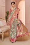 Naintara Bajaj_Pink Brocade, Silk Embroidery V-neck Mughal Woven Saree And Blouse Set _Online_at_Aza_Fashions