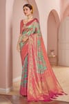 Shop_Naintara Bajaj_Pink Brocade, Silk Embroidery V-neck Mughal Woven Saree And Blouse Set _Online_at_Aza_Fashions