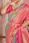 Naintara Bajaj_Pink Brocade, Silk Embroidery V-neck Mughal Woven Saree And Blouse Set _at_Aza_Fashions