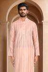 Shop_Arihant Rai Sinha_Peach Brocade, Silk Linear Woven Kurta Set_Online_at_Aza_Fashions