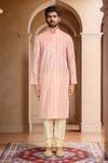 Arihant Rai Sinha_Peach Brocade, Silk Linear Woven Kurta Set_at_Aza_Fashions