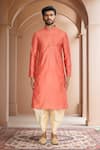 Arihant Rai Sinha_Peach Kurta Brocade, Patiala Pant Art Silk Abstract Woven Motif And Set_Online_at_Aza_Fashions