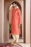 Shop_Arihant Rai Sinha_Peach Kurta Brocade, Patiala Pant Art Silk Abstract Woven Motif And Set_Online_at_Aza_Fashions