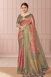Naintara Bajaj Pink Silk, Brocade Embroidery V-neck Floral Mughal Woven Saree And Blouse Set Online at Aza Fashions Naintara Bajaj_Pink Silk, Brocade Embroidery V-neck Floral Mughal Woven Saree And Blouse Set _Online_at_Aza_Fashions