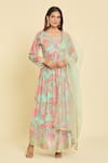 Samyukta Singhania_Multi Color Georgette, Net, Satin, Multicolor Botanical Print Anarkali Set _at_Aza_Fashions