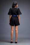 Shop_Deepika Arora_Black Ponte Rama Leather Applique V Neck Sleeve Embroidered Playsuit With Belt _at_Aza_Fashions