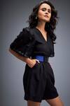 Deepika Arora_Black Ponte Rama Leather Applique V Neck Sleeve Embroidered Playsuit With Belt _Online_at_Aza_Fashions