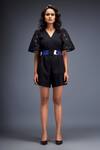 Buy_Deepika Arora_Black Ponte Rama Leather Applique V Neck Sleeve Embroidered Playsuit With Belt _at_Aza_Fashions
