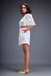 Deepika Arora_White Ponte Rama Leather Applique V Placement Embroidered Playsuit With Belt _at_Aza_Fashions