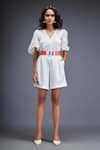 Buy_Deepika Arora_White Ponte Rama Leather Applique V Placement Embroidered Playsuit With Belt _at_Aza_Fashions