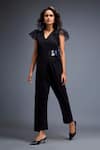 Buy_Deepika Arora_Black V-neck V Jumpsuit With Sheer Sleeves _at_Aza_Fashions