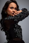 Deepika Arora_Black Twill Beads, Stones Round Neck Swarovski Embroidered Top And Ruffled Skirt _at_Aza_Fashions