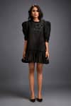 Shop Deepika Arora Black Taffeta Stones Round Neck Puffed Sleeve Embroidered Dress Online at Aza Fashions Shop_Deepika Arora_Black Taffeta Stones Round Neck Puffed Sleeve Embroidered Dress _Online_at_Aza_Fashions