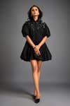Buy_Deepika Arora_Black Cotton Fabric Flowers Collared Floral Applique Mini Dress _at_Aza_Fashions