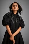Deepika Arora_Black Cotton Fabric Flowers Collared Floral Applique Mini Dress _Online_at_Aza_Fashions
