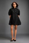 Buy_Deepika Arora_Black Cotton Fabric Flowers Collared Floral Applique Mini Dress _Online_at_Aza_Fashions