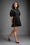 Shop_Deepika Arora_Black Cotton Fabric Flowers Collared Floral Applique Mini Dress _Online_at_Aza_Fashions