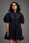 Deepika Arora_Blue 100% Cotton Floral High Collar Applique Structured Mini Dress _Online_at_Aza_Fashions