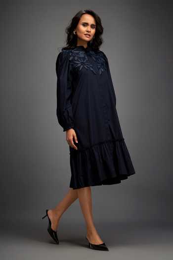 Deepika Arora_Blue 100% Cotton Floral Band Collar Embroidered Button Down Dress _Online_at_Aza_Fashions