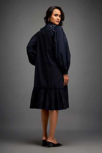 Shop_Deepika Arora_Blue 100% Cotton Floral Band Collar Embroidered Button Down Dress _at_Aza_Fashions