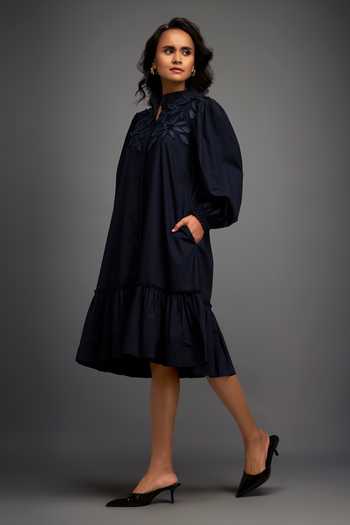Shop_Deepika Arora_Blue 100% Cotton Floral Band Collar Embroidered Button Down Dress _Online_at_Aza_Fashions