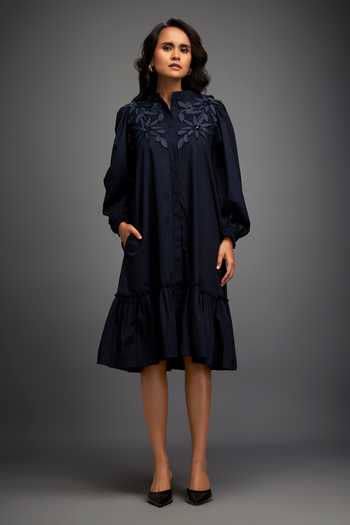 Deepika Arora_Blue 100% Cotton Floral Band Collar Embroidered Button Down Dress _at_Aza_Fashions