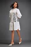 Buy_Deepika Arora_Silver Cotton Cut Work Mandarin Collar White Shirt Dress With Corset Belt _Online_at_Aza_Fashions