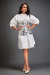 Buy_Deepika Arora_Silver Cotton Cut Work Mandarin Collar White Shirt Dress With Corset Belt _at_Aza_Fashions
